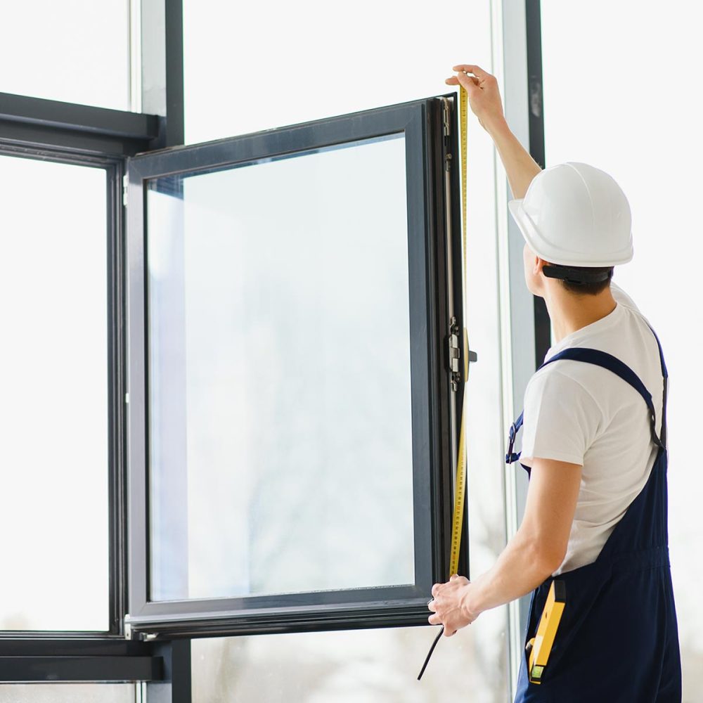 Construction worker installing window in house